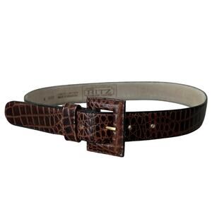 Vintage Ritz leather belt croc embossed brown leather 80s 90s square buckle S
